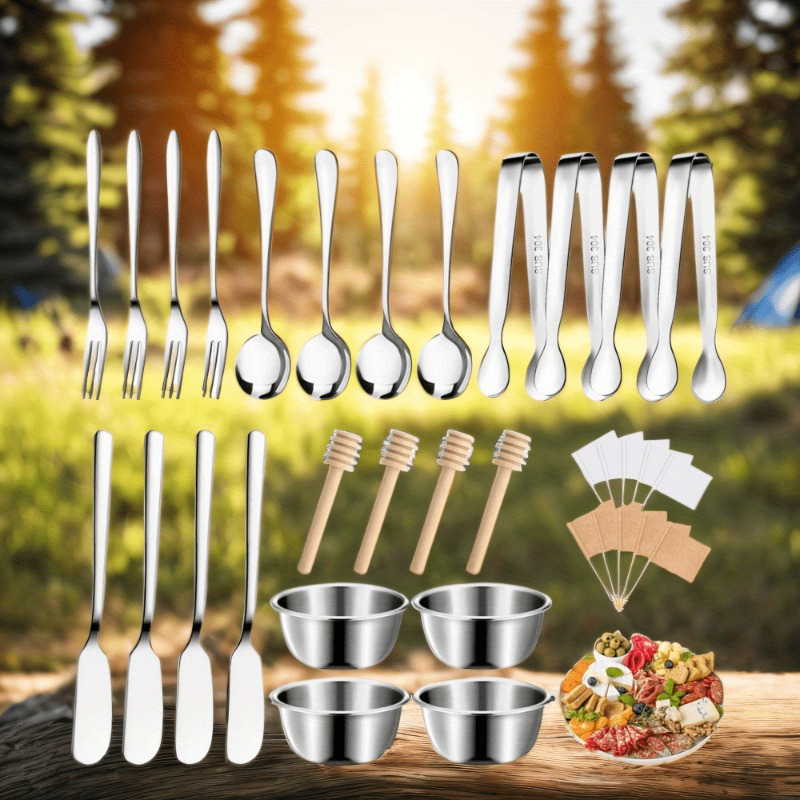 Mlurcu Cheese Butter Spreader Knives Set Charcuterie Board Accessories Stainless Steel Spreader Knives Forks Spoons Mini Serving Tongs Small Dipping Bowls Toothpick Flags Utensils For Pastry Making