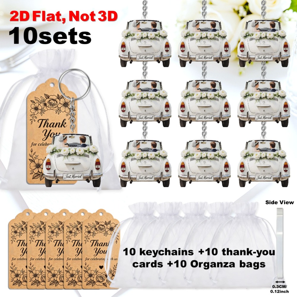 TEMU 2d Flat Keychain Set, 10 Sets, Romantic "newlywed" White Wedding Car Keychains, 2d Flat Acrylic Pendants With Thank You Cards And Organza Bags,