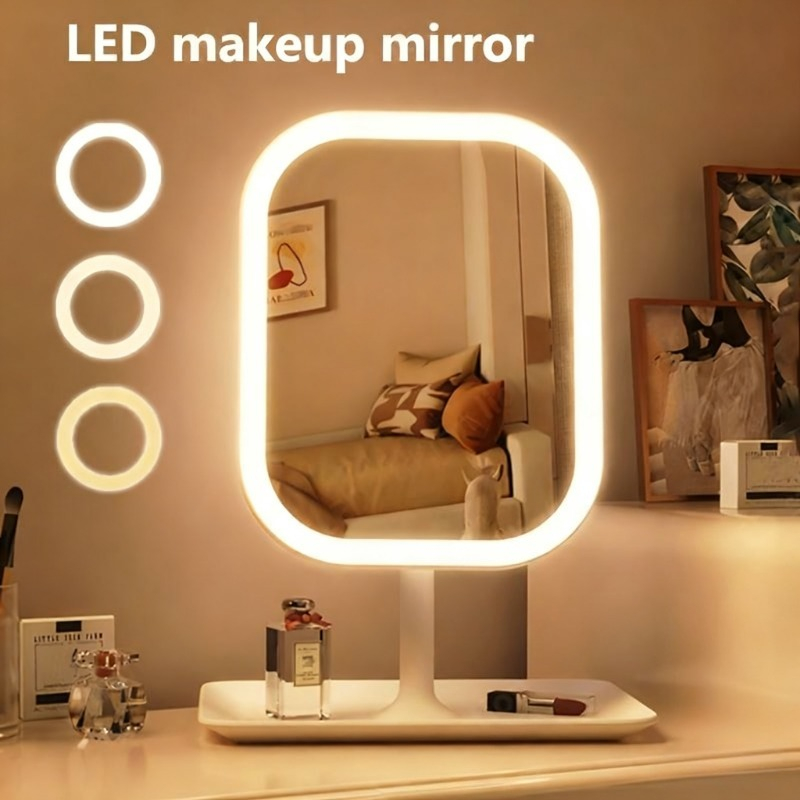 Oglindă Smart cu Iluminare, Lampă Inteligentă de Machiaj pentru Toaletă. Oglindă Cosmetică LED cu Tava de Depozitare și Unghi Reglabil. Luminozitate Reglabilă în 3 Culori, Compactă și Reîncărcabilă, Ideală pentru Dormitor/Birou, Colegiu sau Călătorii - Idee de Cadou Esențială și Prezent de Crăciun