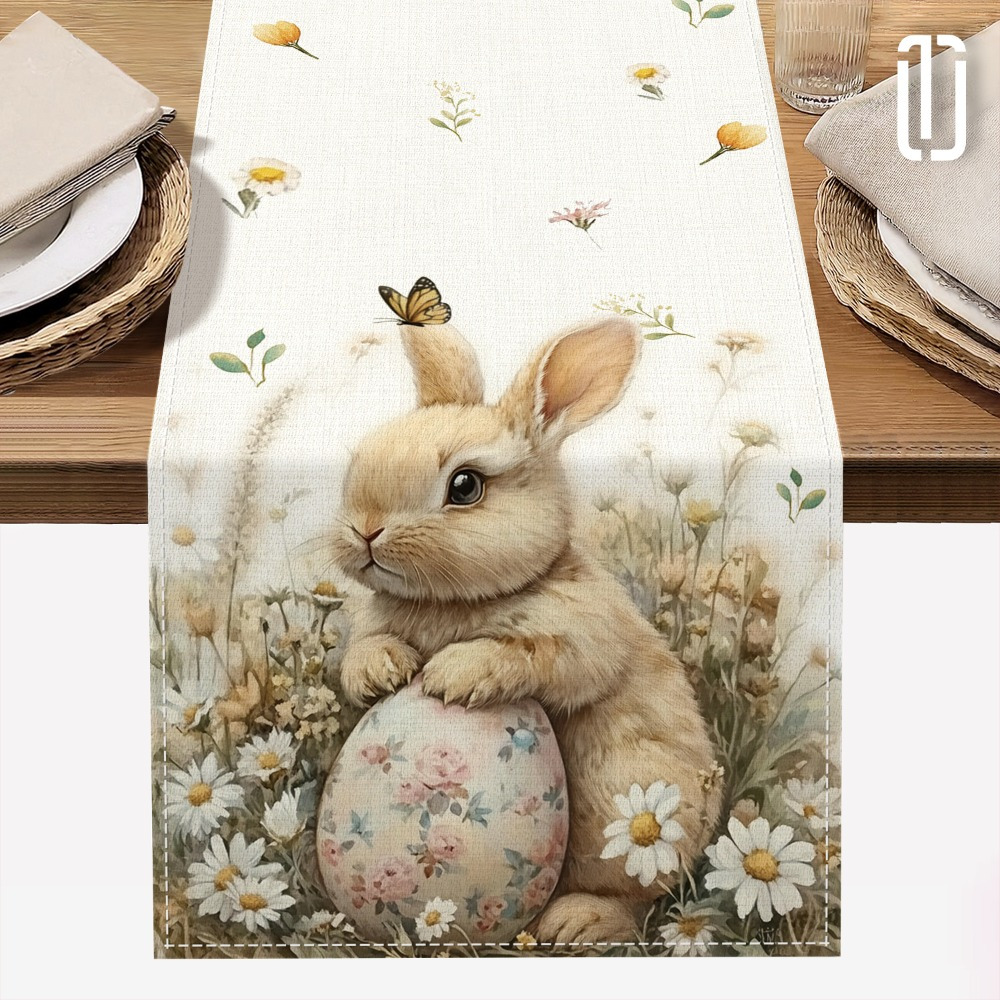 

Easter Bunny And Floral Egg Table Runner, 100% Polyester Knitted, Machine Made, 72 Inch, For Spring Decor, Easter Celebration Tablecloth, Gift Idea