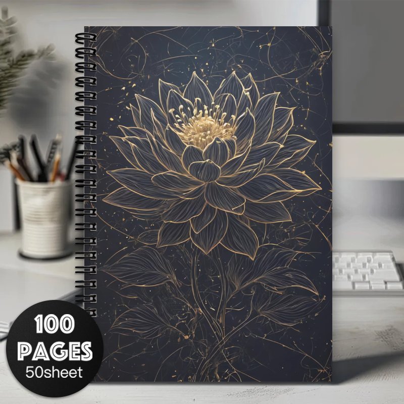 1pc For Lotus Flower Spiral Notebook Journal, 5.8x4.3 Inches, Energy Field, Meditation, Yoga, Spiritual Inspiration Planner, Dark Background With Golden Accents, For Office And Supplies