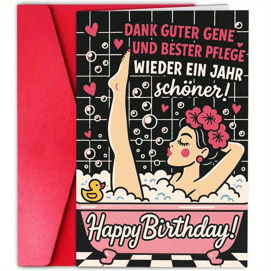 Image of 1pc Vintage Style Birthday Greeting Card With Retro Bath Illustration, Perfect For Celebrating A Fun And Relaxing Birthday Moment