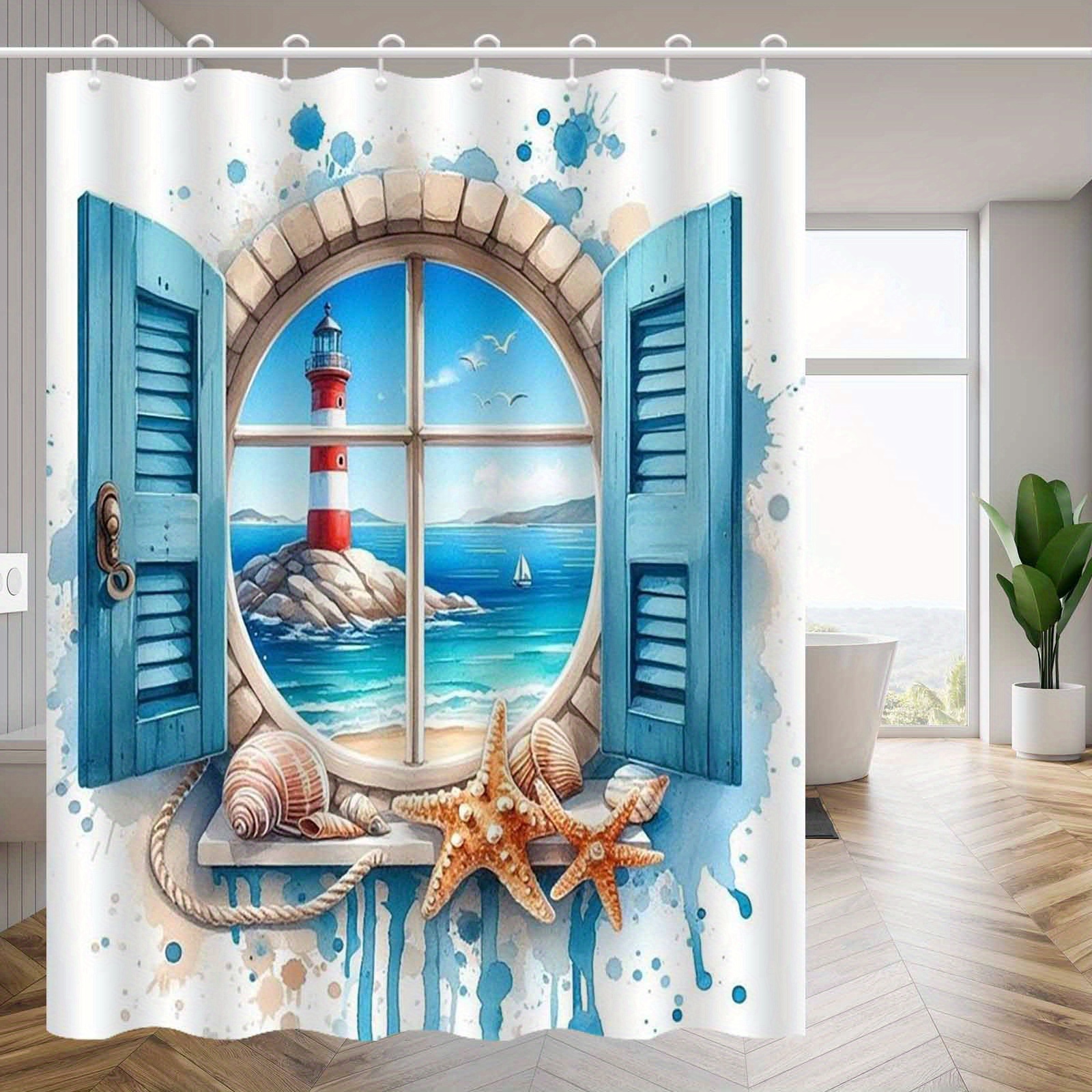 TEMU 1pc Blue Ocean Shell Lighthouse Shower Curtain, High-end Elegant Bathroom Curtain, Bathroom Decoration Pattern