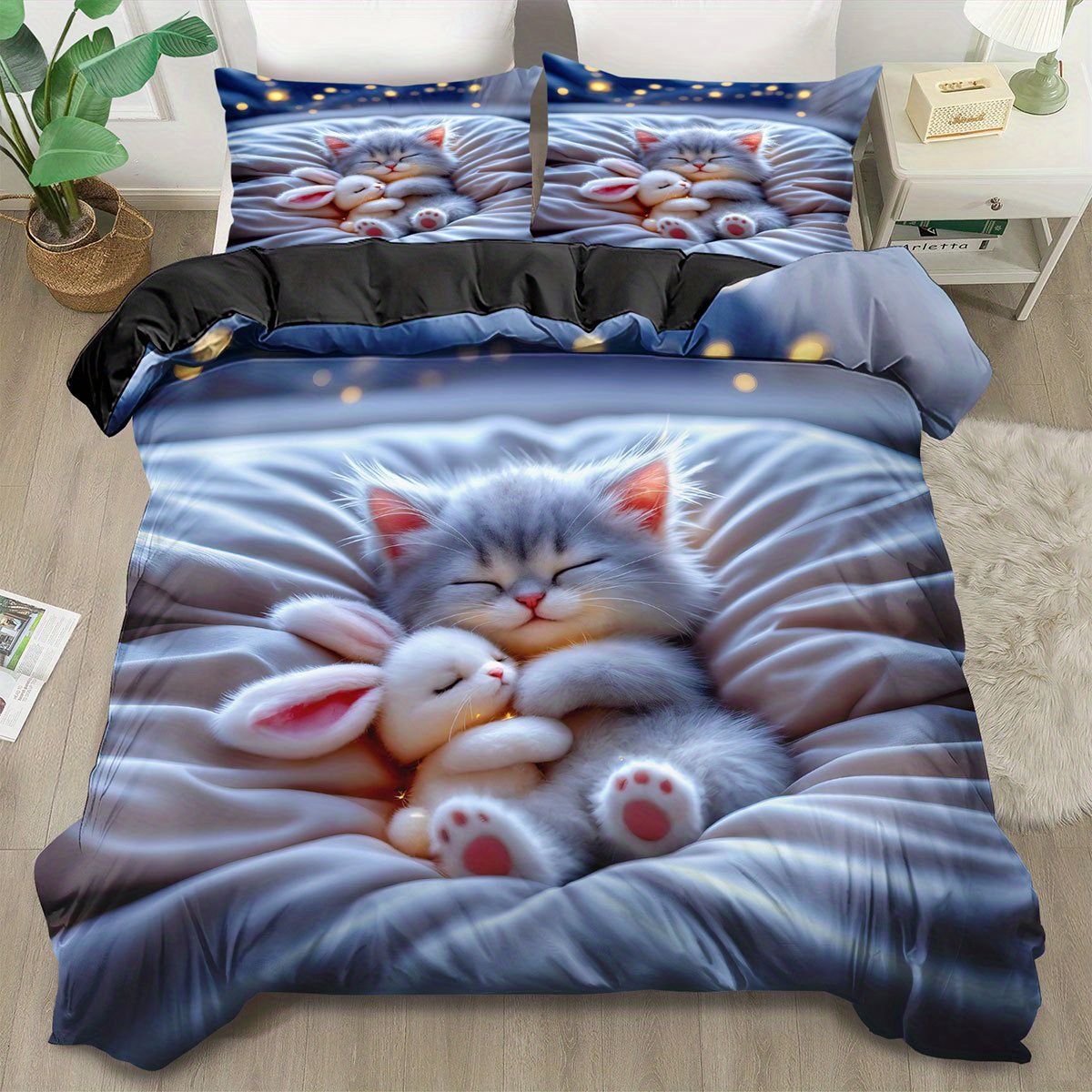 TEMU Set Copripiumino Kawaii Blu con Animali Carini, Stile King Queen, Copriletto, Decorazioni per Camera da Letto con Gatto e , degli Ospiti, Regali