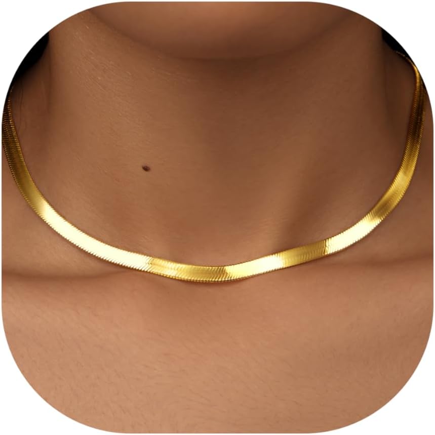 TEMU Women's Herringbone Necklace In 14k Golden Plating, Elegant Golden Plated Snake Chain Necklace