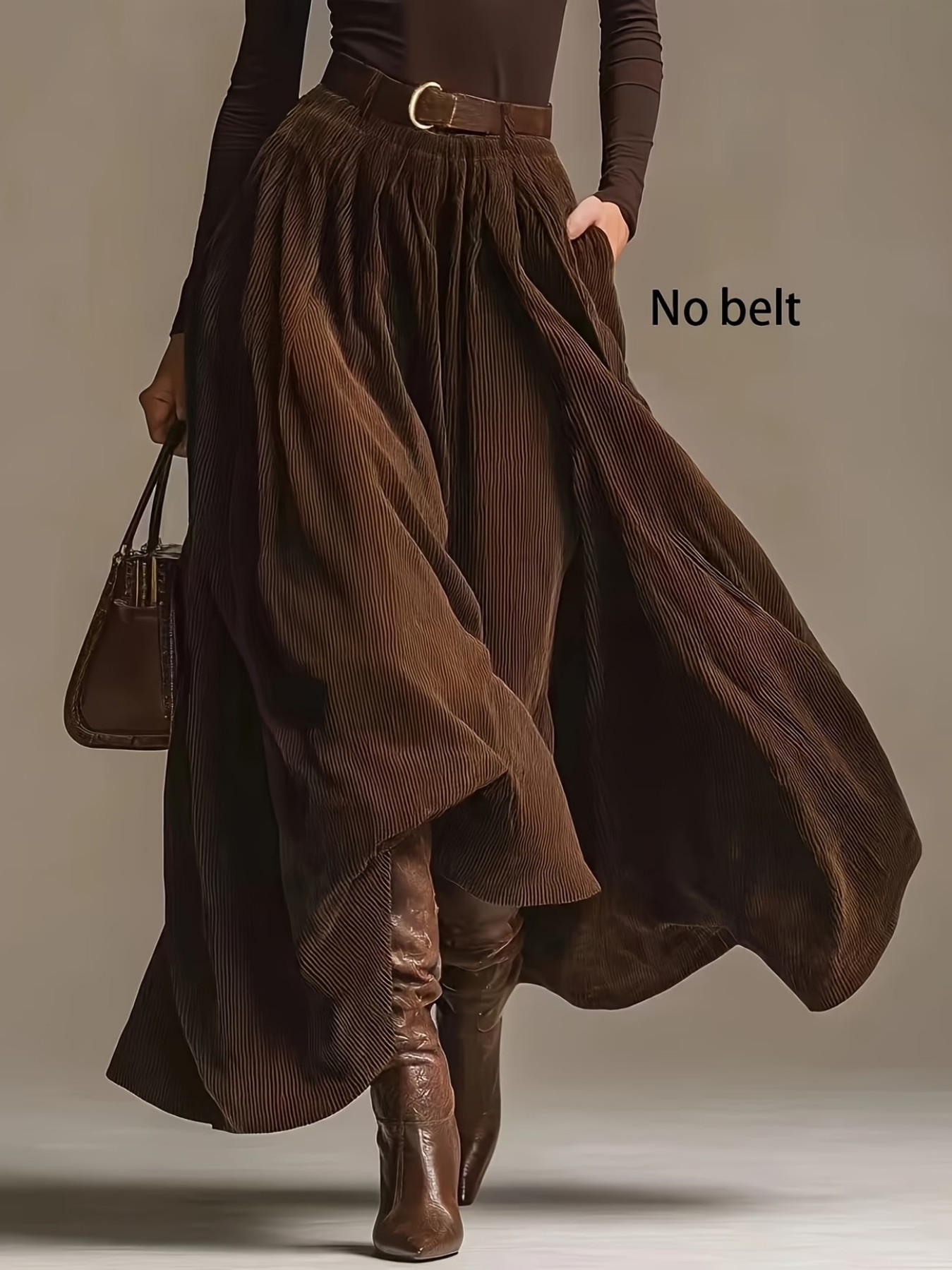 Brown Corduroy Pleated Flowy Maxi Skirt