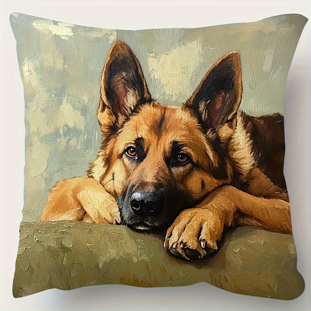 TEMU 1pc German Shepherd Dog Print Pillow Cover 18x18 Inch - Soft Polyester Short Pile With Zipper Closure, Single-sided Realistic Animal Design,