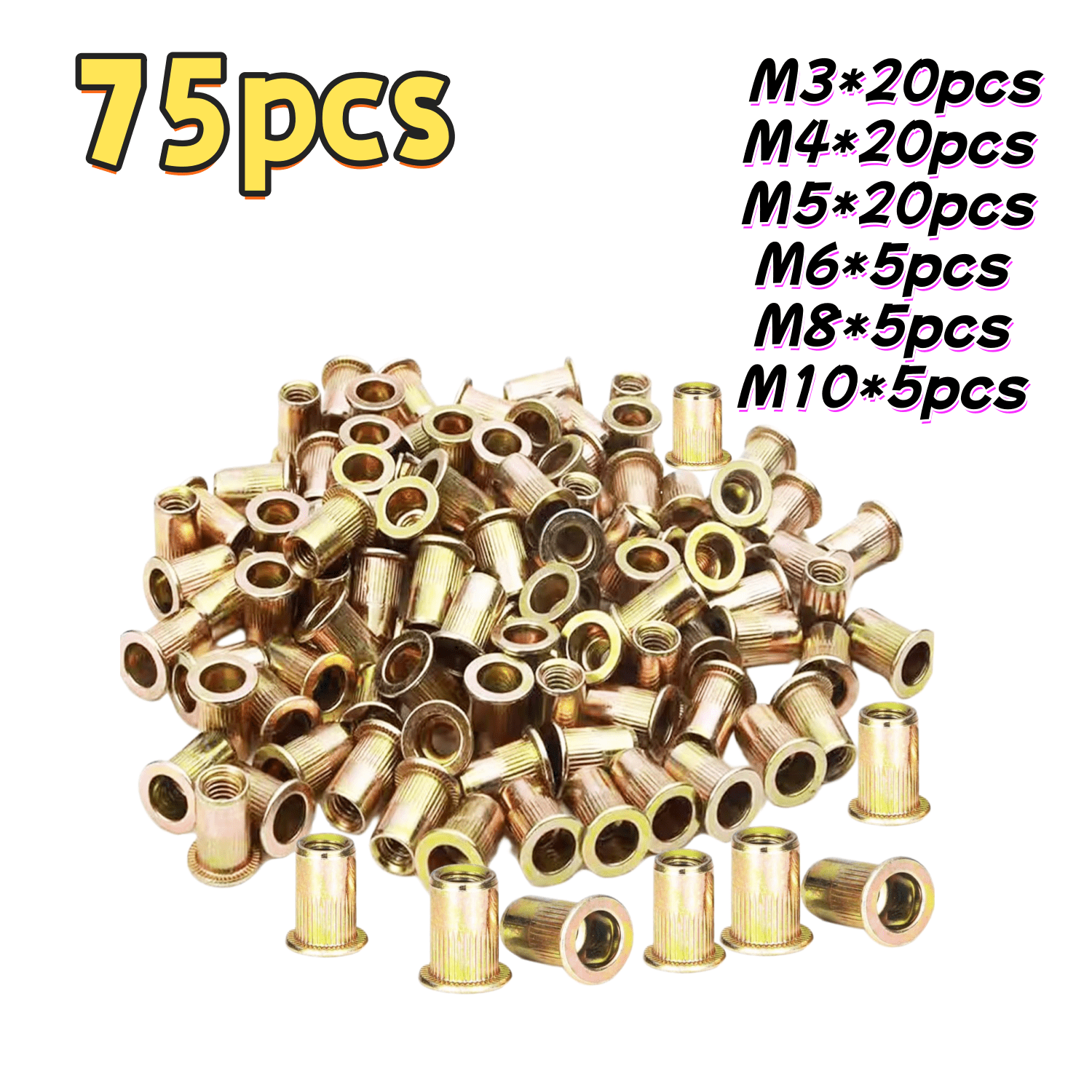 TEMU 75pcs Professional Rivet Nut Combination Kit, Single-sided , Designed Specifically For Thin Metal Plates, Suitable For Durable Threaded Inserts