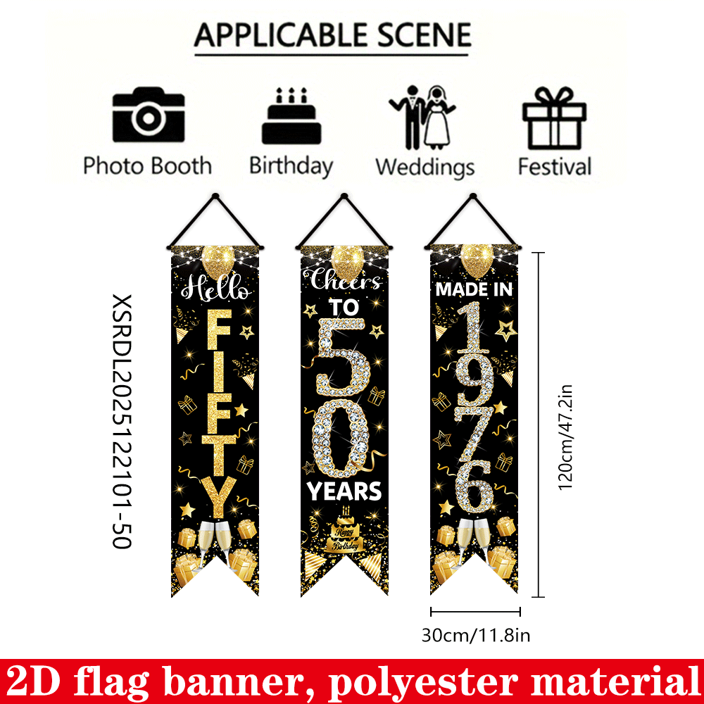 2d Flat, 2d Flat - 2d Flat, 2d Flat - 2d Flag Banner, 3pcss 50th Birthday Doorway Banner Set, 3pcss Black & Golden Glitter Party Decor, Hello Fifty Cheers To 50 Years Made In 1976 Porch Sign