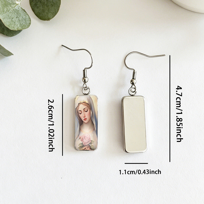 Holding Pink Rose Rectangular Glass Cabochon Dangle Earrings