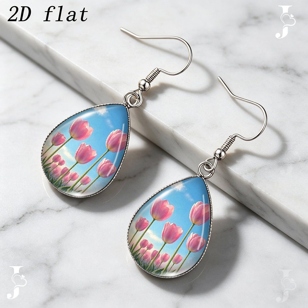 Teardrop Dangle Earrings with Pink Tulip Flower Pattern
