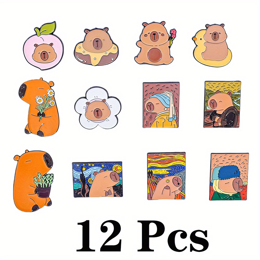 TEMU 6/12pcs Anime Cartoon Brooch Creative Capybara Enamel Pin Metal Badge Jewelry Clothing Backpack Accessories Gift For