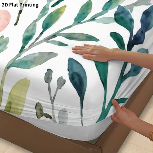 2D Flat Printing 3pcs Plant Floral Watercolor Fitted Sheet Three Piece Set (1 X Fitted Sheet And 2 X Pillowcases, ), , Green Plant bedding, Mattress Protector Soft, Breathable