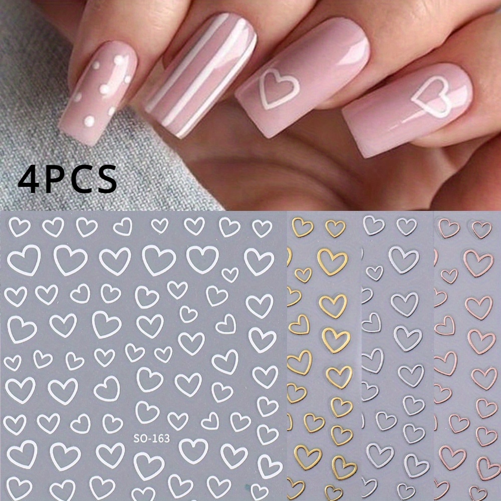 4sheets White Heart Nail Art Stickers Golden Silvery Rose Golden Hollow 3d Nail Decals Manicure Self-adhesive Decoration For Diy Nail