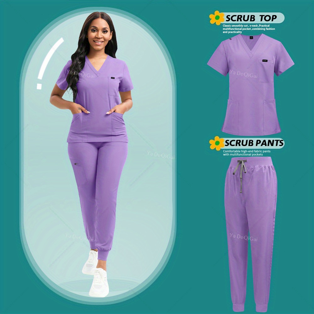 TEMU Stretch Scrubs Women Set Nursing Uniforms Scrubs Set Nurse Doctor Workwear Scrubs Top+ Jogger Pants