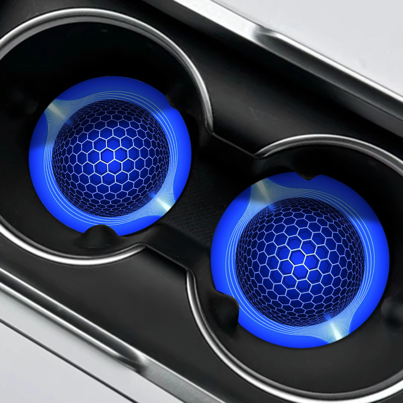 TEMU 2pcs, Futuristic Blue Honeycomb Mesh Light-effect Surrounding Geometric Sphere Printed Wooden Car Coasters, Center Console Cup Holder Insert