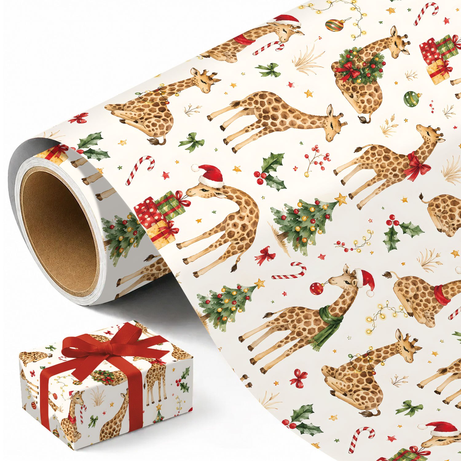 TEMU 1 Roll Giraffe Christmas Wrapping Paper - Cute Xmas Pattern, Designs For Holiday Gifts - Measuring 45cm × 300cm (17.7in × 118in)