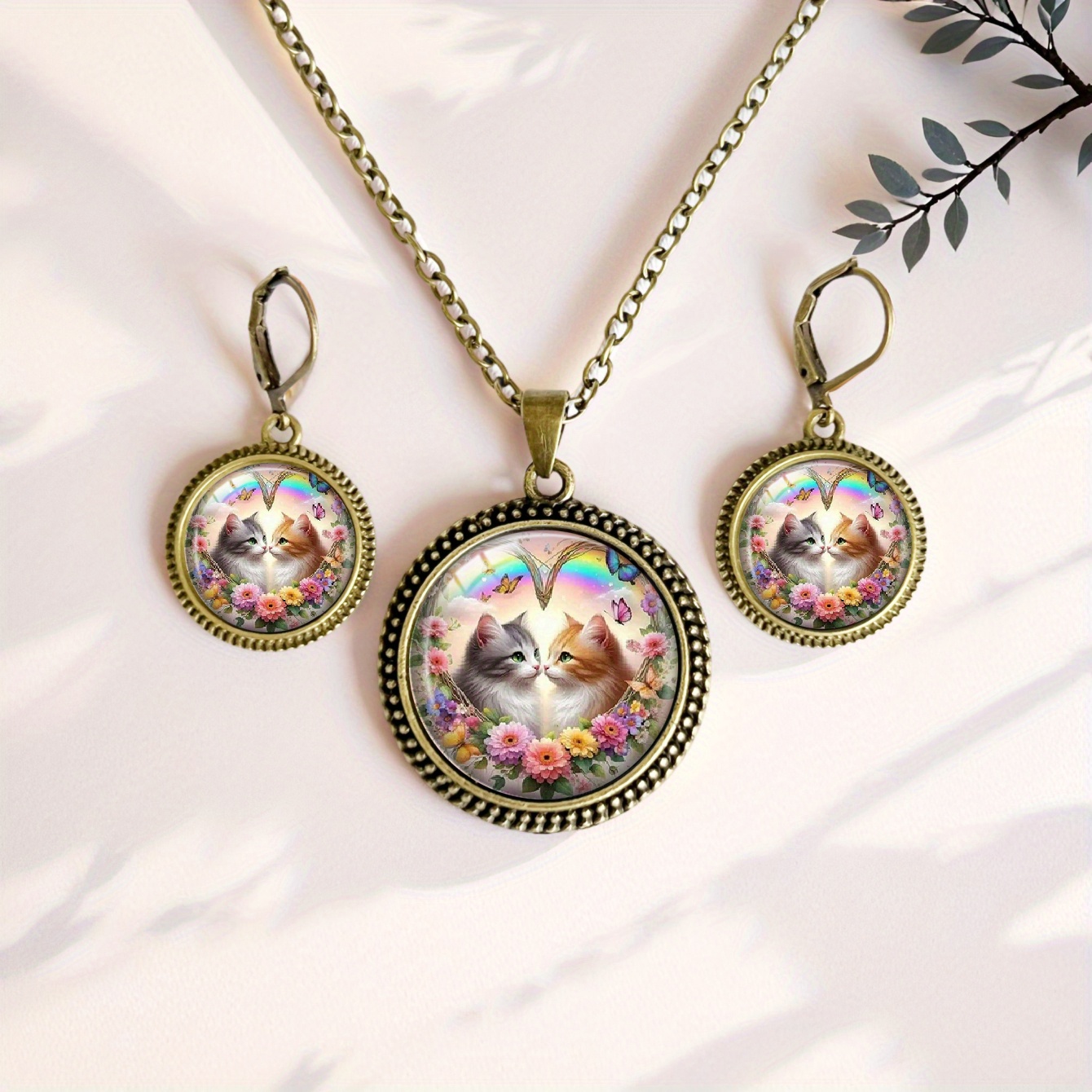 3pcs Cat Couple & Wildflowers Pattern Necklace & Earrings Set