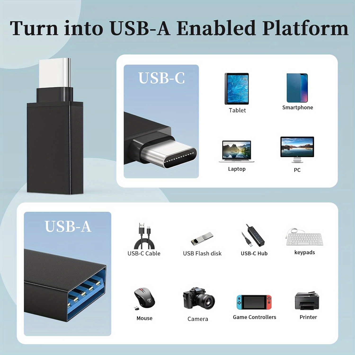 Set of 8 USB 3.0 to USB C Adapters, OTG USB Type C Female to USB Adapter, Micro USB to USB C Female And Male Converter Connector, Suitable for Laptops, Cars, Smartphones, Headphones, Microphones, And Pcs (Black)