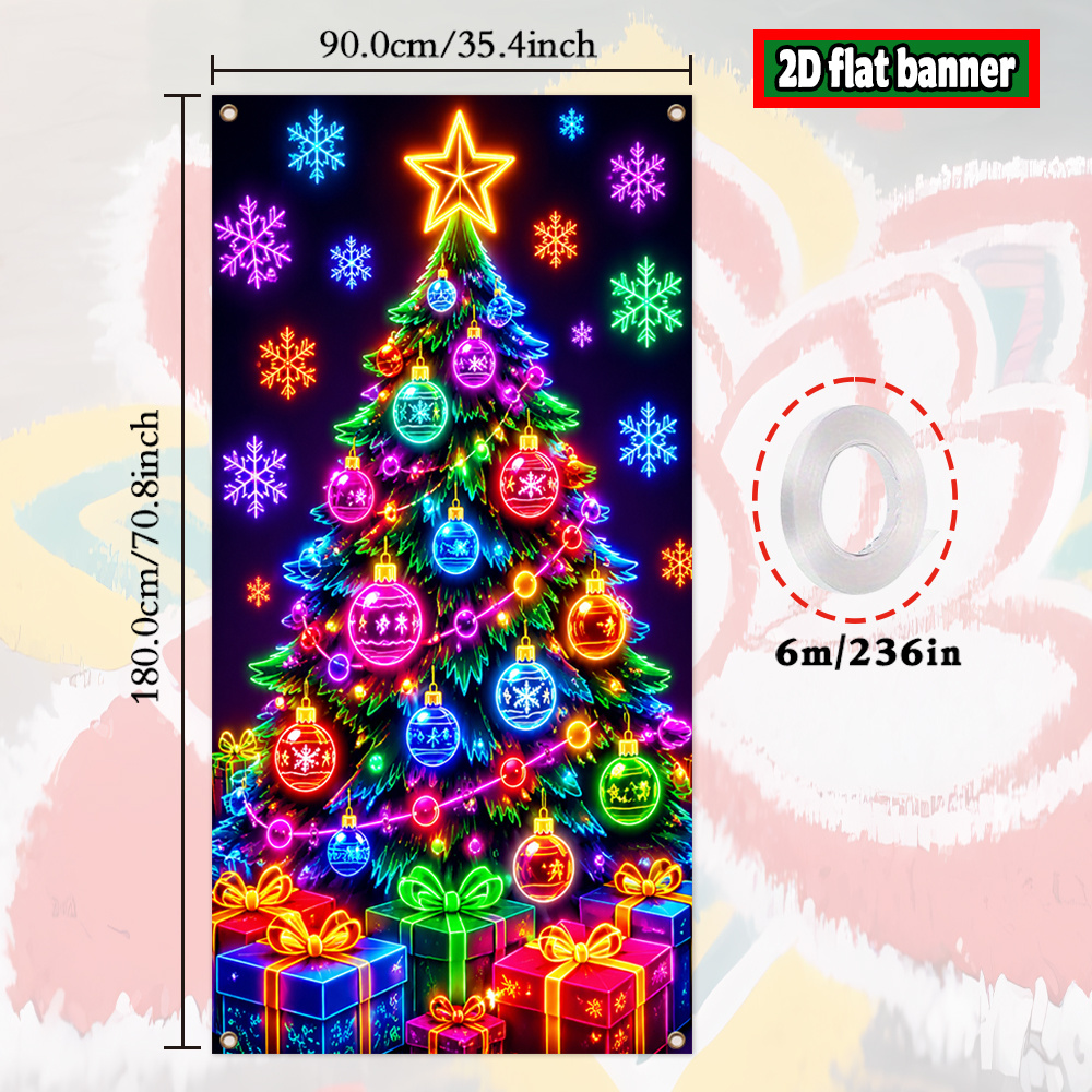 TEMU 2d Flat, 2d Flat - 2d Flat, 2d Flat - 2d Flat Banner, 1pc, Glow In The Fluorescent Christmas Theme Banner Uv Activated Neon Christmas Tree With