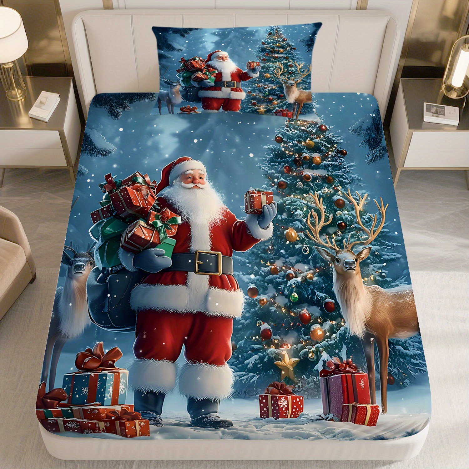 TEMU Mokalala 2/3pcs Design Fitted Sheet Set, Including 1 Fitted Sheet And 1 Pillowcases, Featuring A Snowy , Perfect For Christmas Gifts, A Merry