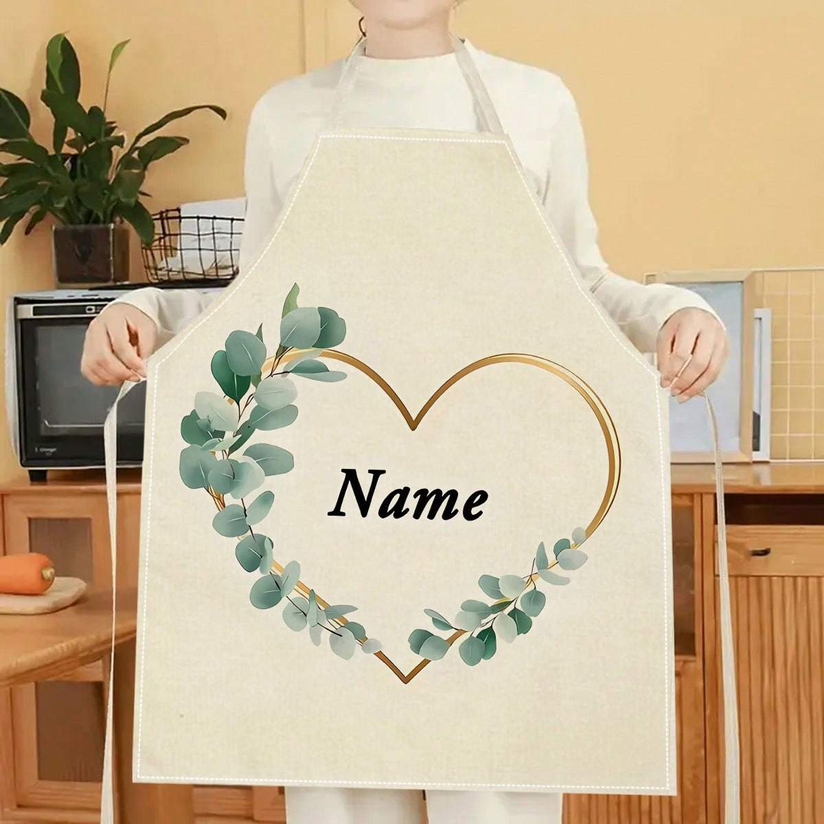 E-shop 2D-flach bedruckte Schürze aus Leinen mit personalisiertem Namen, Herz-Blumen-Muster in 3D für das Kochen zu Hause, Küchenbekleidung