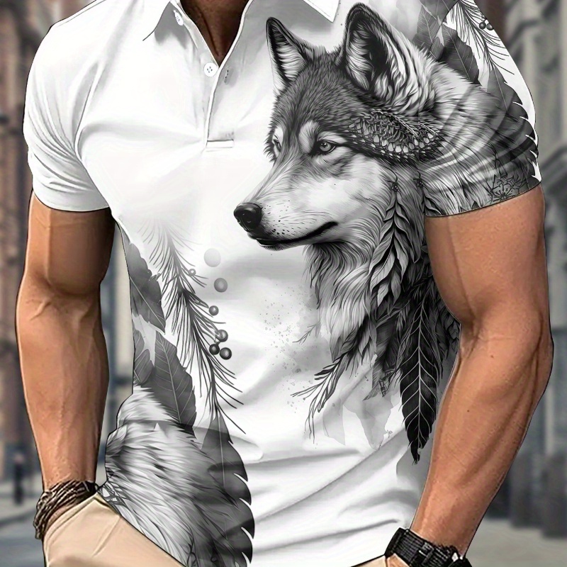 

Men's Casual Wolf Print Short Sleeve Polo Shirt, 100% Polyester Knit Fabric, Slight Stretch, Regular Fit, Animal Pattern, Lapel Collar, Button Detail, 180gsm - Black, Grey, White