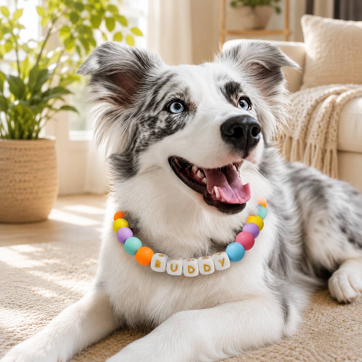 Custom Name Beaded Pet Collar with Adjustable PU Design