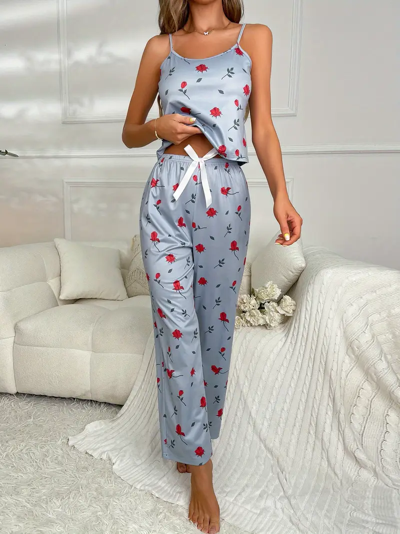 3 sets of 6pcs womens casual polyester black blue and white camisole top long pants pajama set heart flower print fabric short sleeve top with trousers casual loungewear sexy outside Product details 7