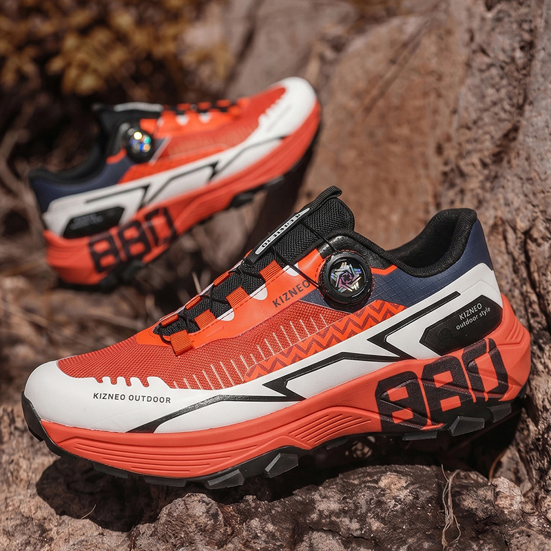 TEMU Men's Hiking Shoes, Outdoor Travel Knob-lock No-tie Sneakers, Breathable Mesh With Contrast Color Splicing, Thick-soled Outdoor Hiking Shoes For