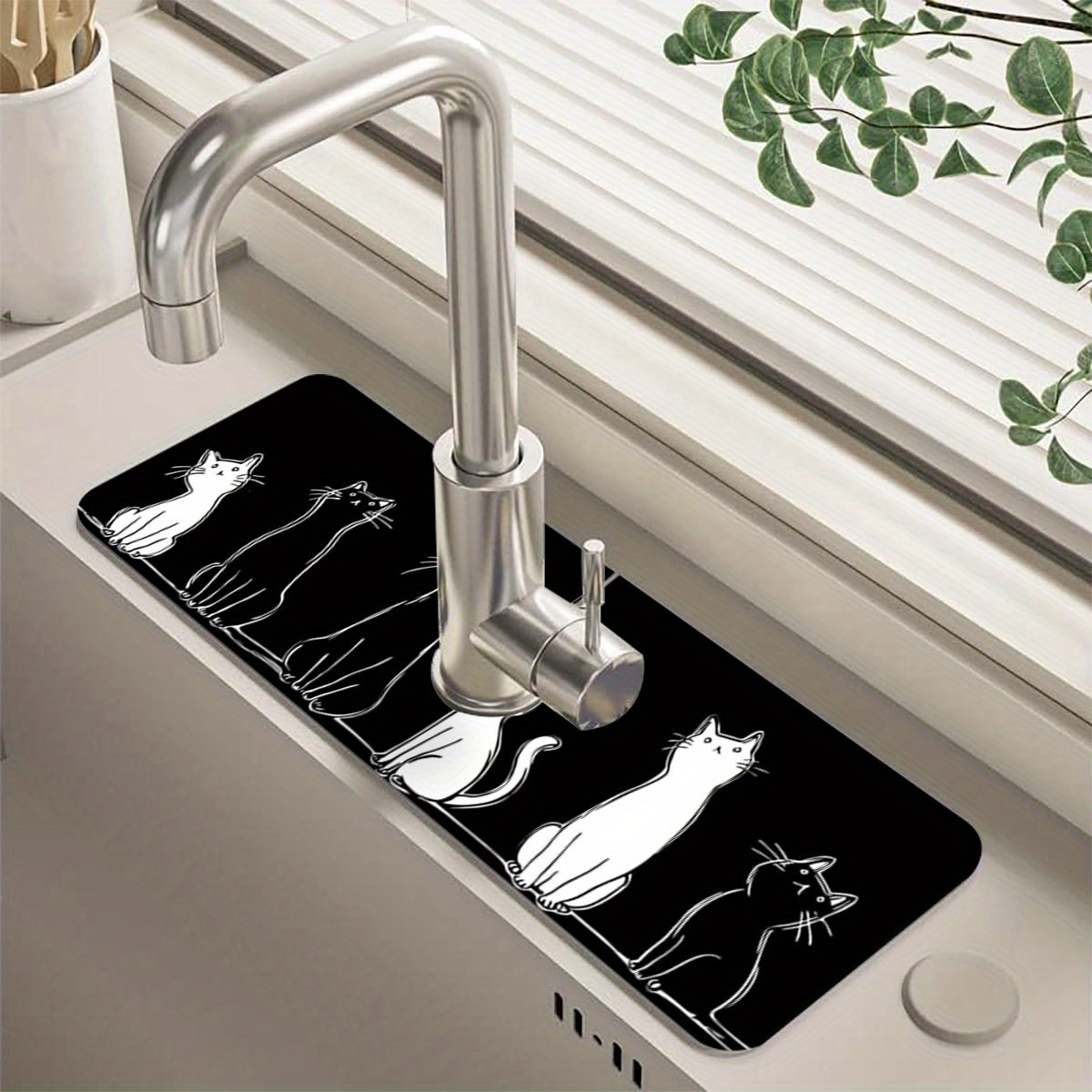 TEMU 1pc Black And White Cat-themed Faucet Mat, Dish Drying Mat, Absorbent Mat, For Household Washbasins, Kitchen Sinks, Draining Mat, Counter Mat,