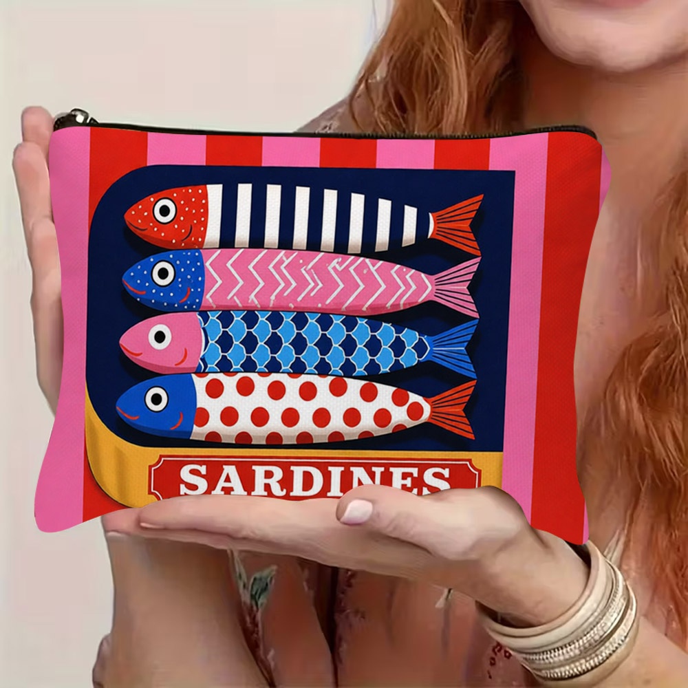 TEMU 1pc Sac Cosmétique Imprimé 2D Plat et Coloré Sardine Stylisée, Motif Poisson et avec Détails Distincts de , Rayures & Cercles, Pochette Légère à