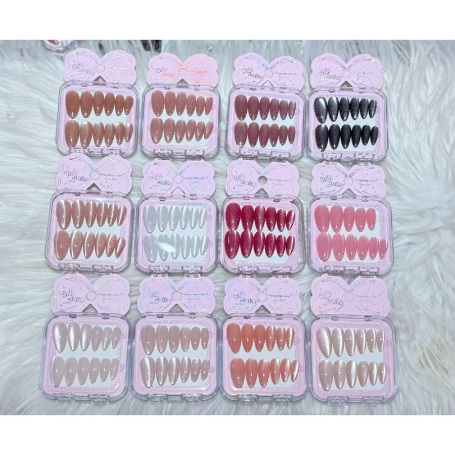 48pcs Random 4-color Set Almond Cat Eye Minimalist Nail Art Fake Nails - Suitable For Daily Wear Or Diy Manicure, Short Ballet Style With Glossy Finish, Mixed , Pattern, Nail Accessories