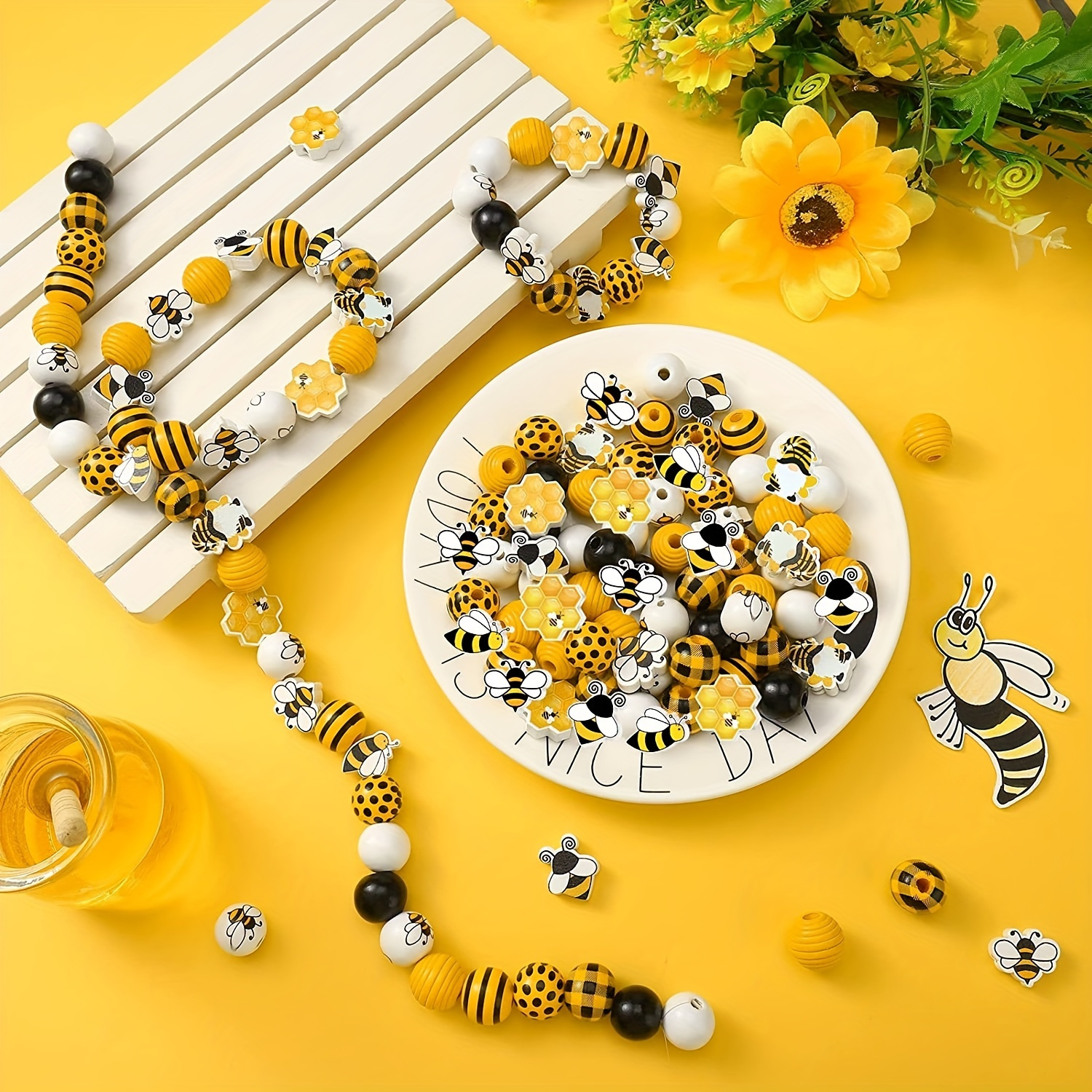 115pcs bee honeycomb wooden bead set 12 unique styles Temu New - Main Image