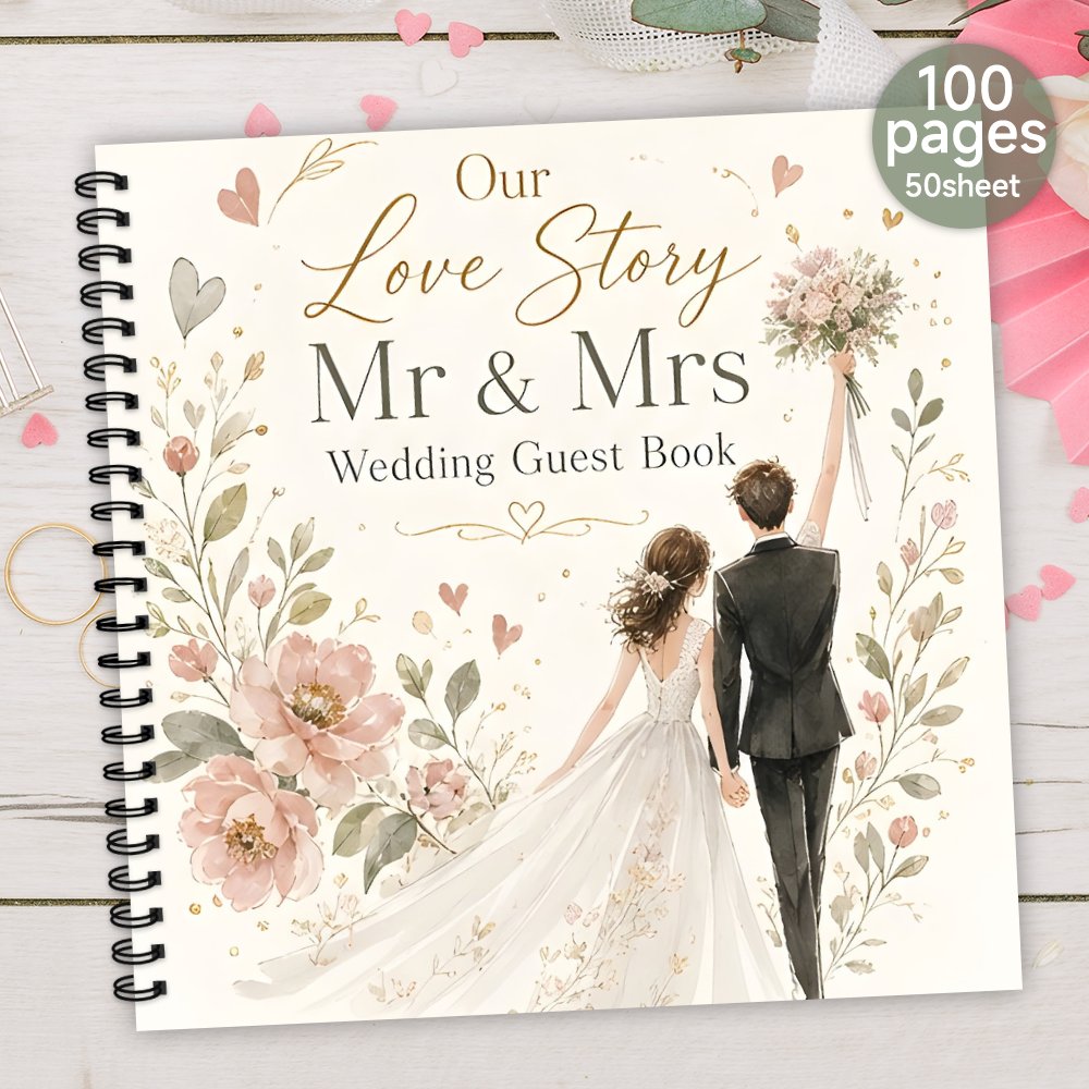 TEMU 1pc Spiral Guestbook, Story Mr And Mrs Wedding Guest Book Blank Lined Guest Sign In Book Book Souvenir Album Memory Book Meaningful Gift For Her