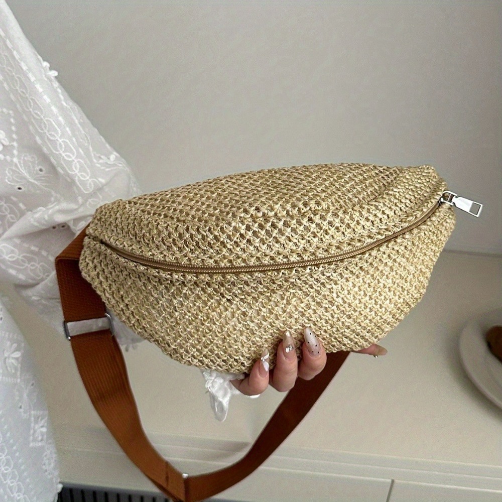 Image of Women's Stylish Woven Chest Bag, Breathable Crossbody Sling Bag Phone Bag, Versatile Waist Pack For Beach, Sports And Casual