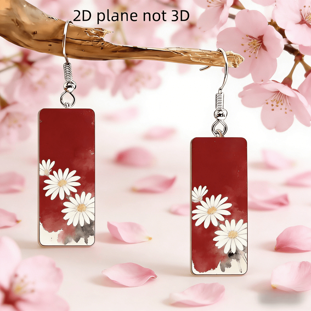 TEMU 2d Flat, Watercolor Red Daisy Dangle Earrings For Women, 2d Rectangular Floral Drop Earrings, Hypoallergenic Boho Flower Jewelry, Gift,