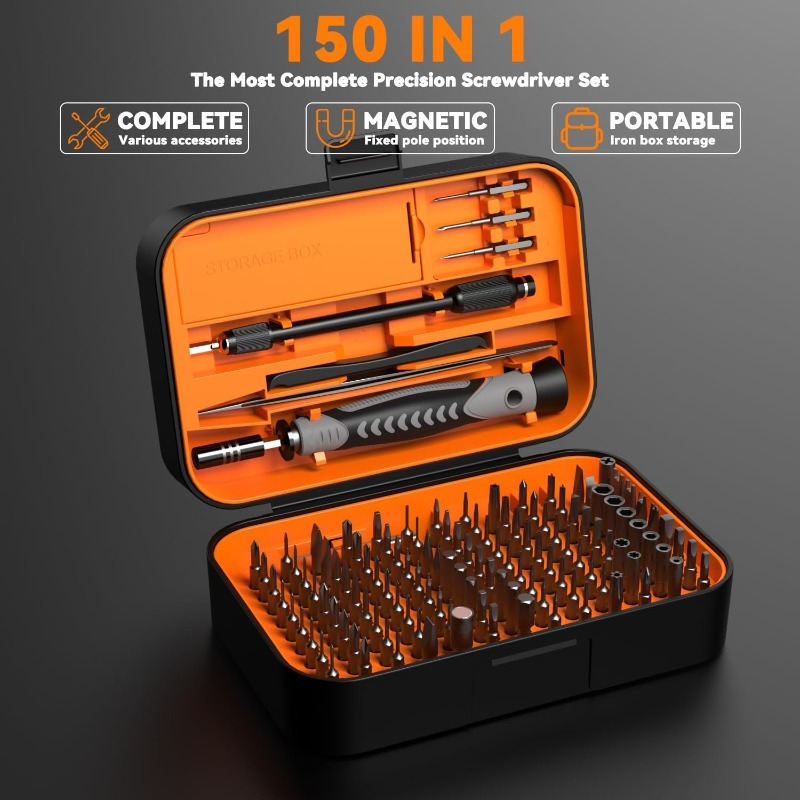 150 in 1 precision screwdriver set 120 bits full range small screwdriver set magnetic mini repair tool kit for ring doorbell laptop switch ps5   macbook iphone watch glasses orange Product details 2