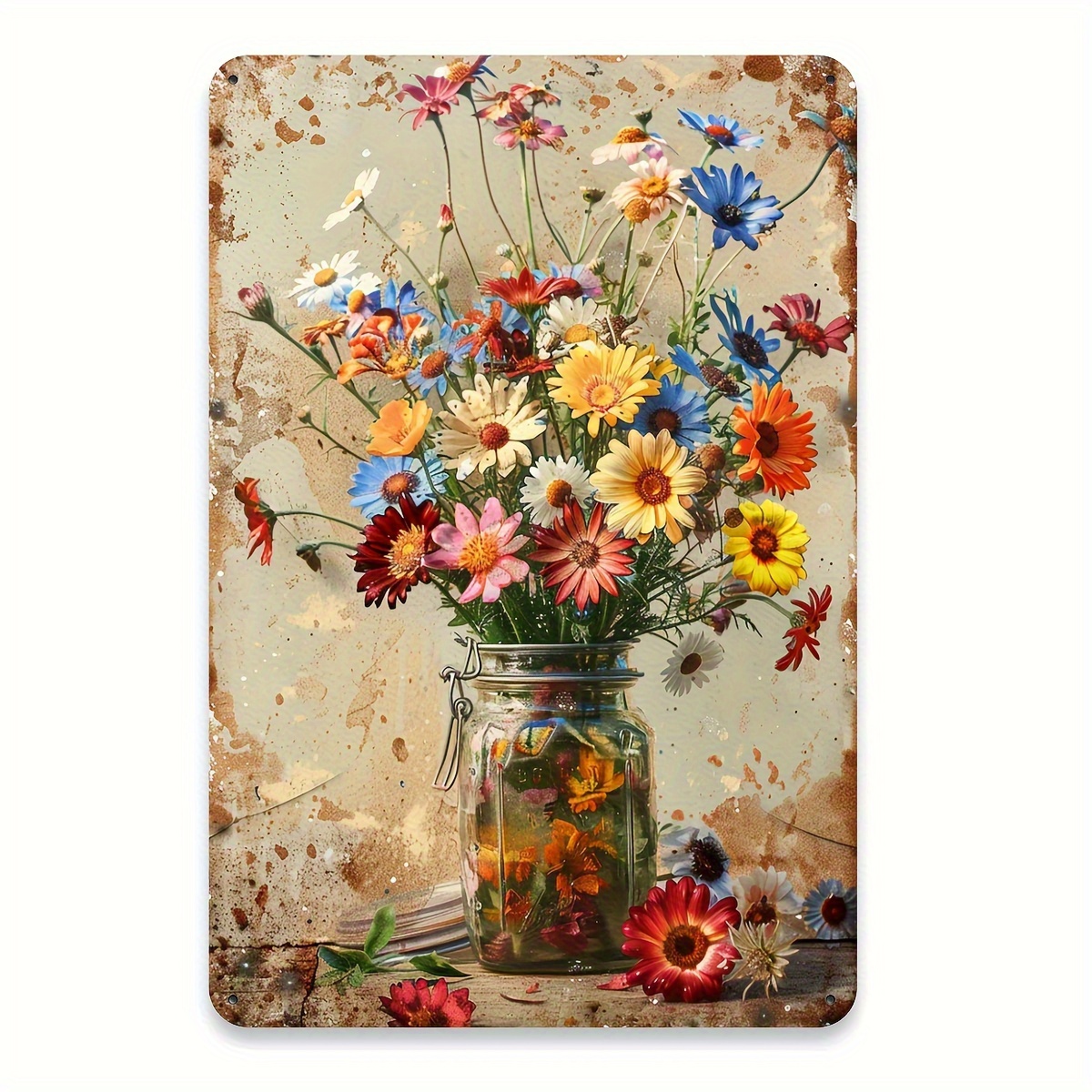 TEMU Vintage Floral Metal Tin Sign - Rustic Country Style Wall Art With Colorful Daisy Bouquet In Mason Jar, Ideal For Home, Garden, Garage, And