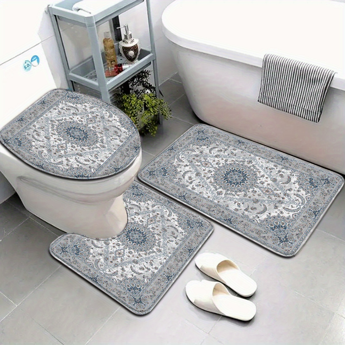 Image of Bohemian Style Vintage Gray Pattern Bathroom Mat Set With Toilet Seat Cover And U-shaped Foot Mat