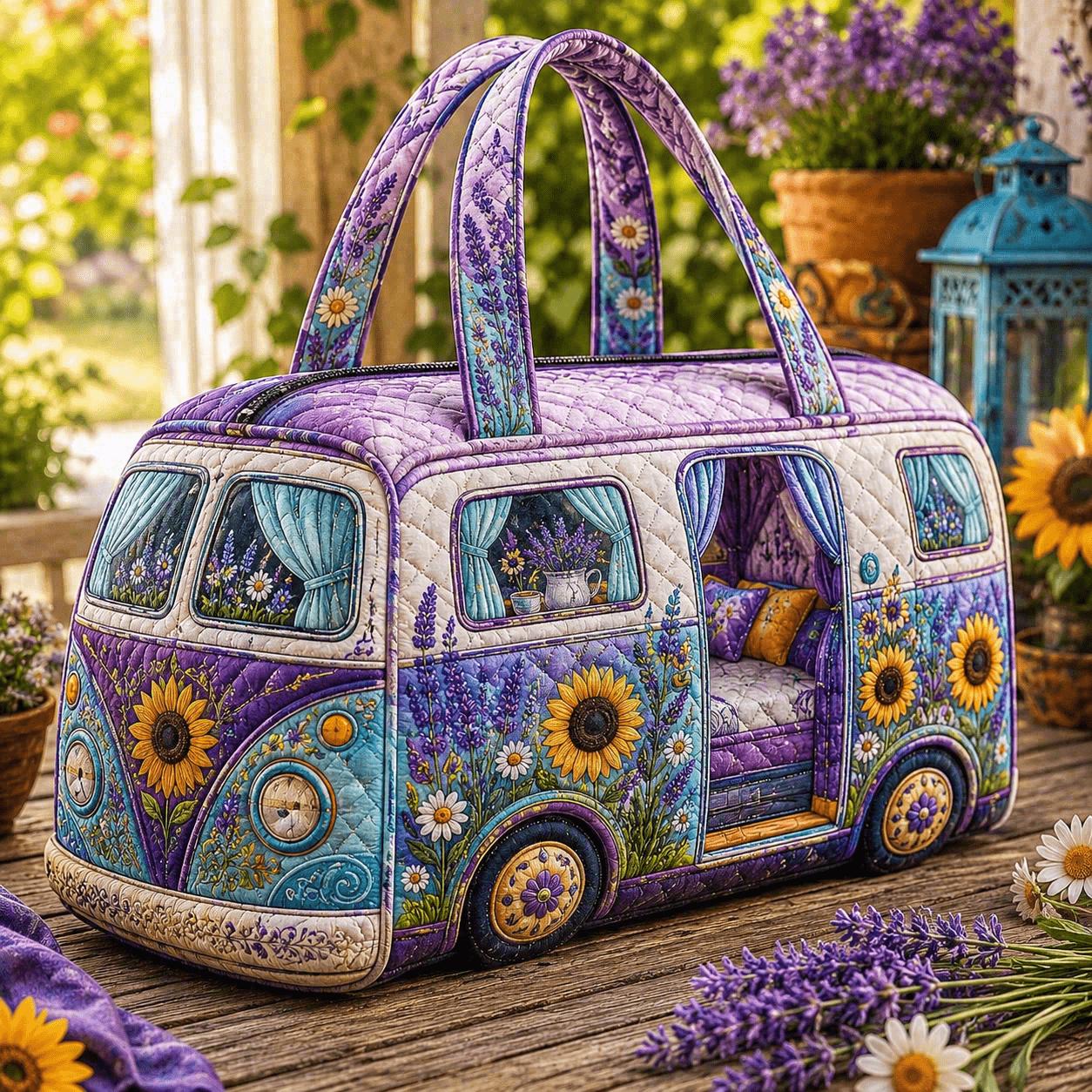 TEMU Quilted Tote Bag, Purple Teal Van Sunflower Lavender Print With Whimsical Garden Canvas Visual, Large Capacity Tote, Fabric Tote Bag, Shopping