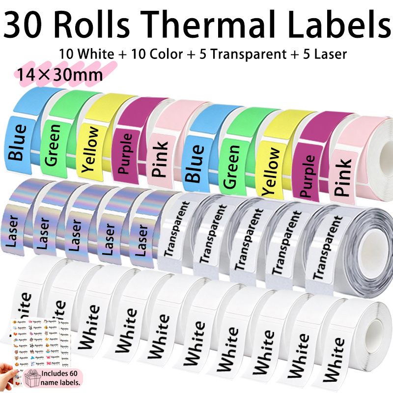 item picture 30 rolls 14 x 30mm self   labels 10 rolls white and 10 rolls colorful and 5 rolls transparent and 5 rolls holographic free 60pcs name stickers compatible with p11 p12 p15 p50s d30 d30s d32 d35 printers barcode labels
