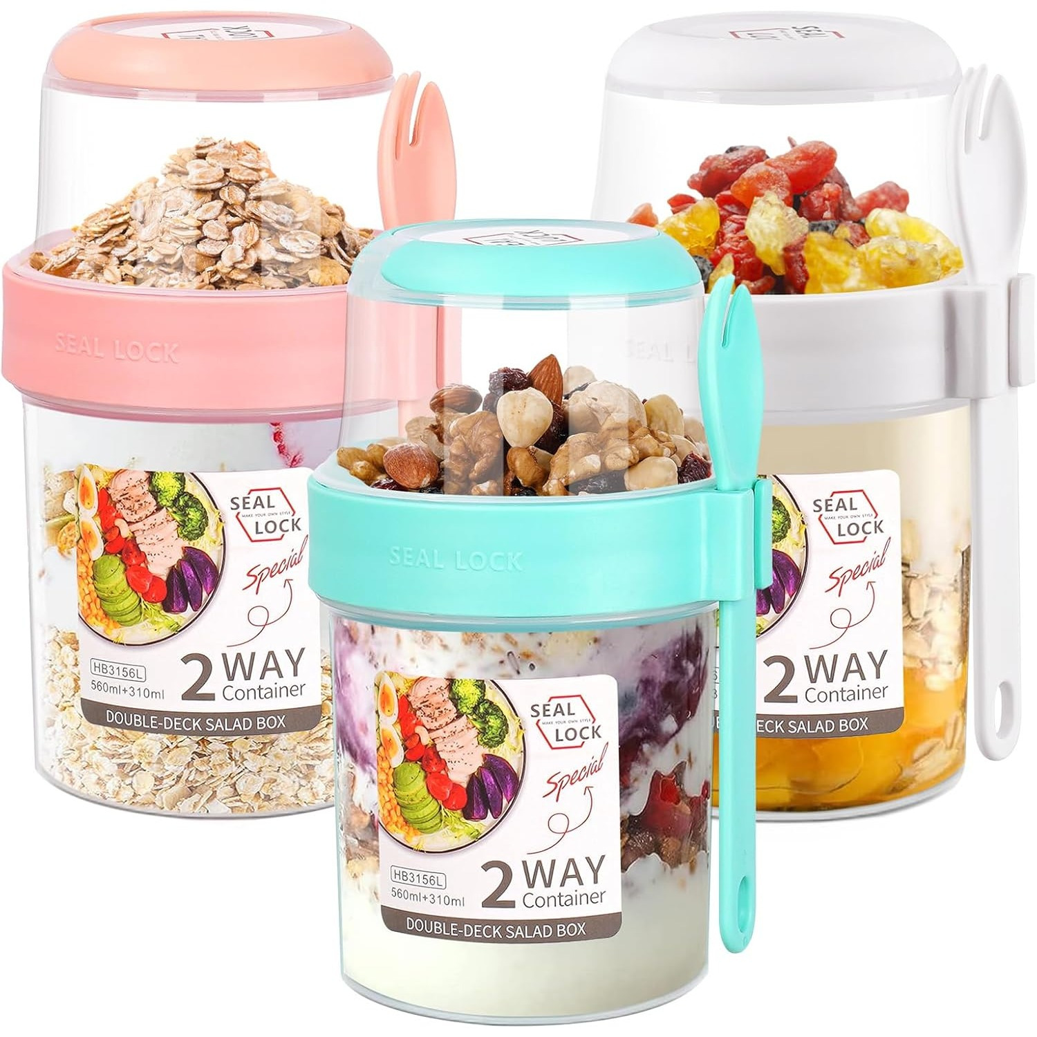 TEMU 3 Pcs Breakfast Cups, Yogurt Pots With Lids And Spoon, Reusable Overnight Oats Container, Breakfast Pot To Go Fruit Salad Jars Split Oat Yogurt