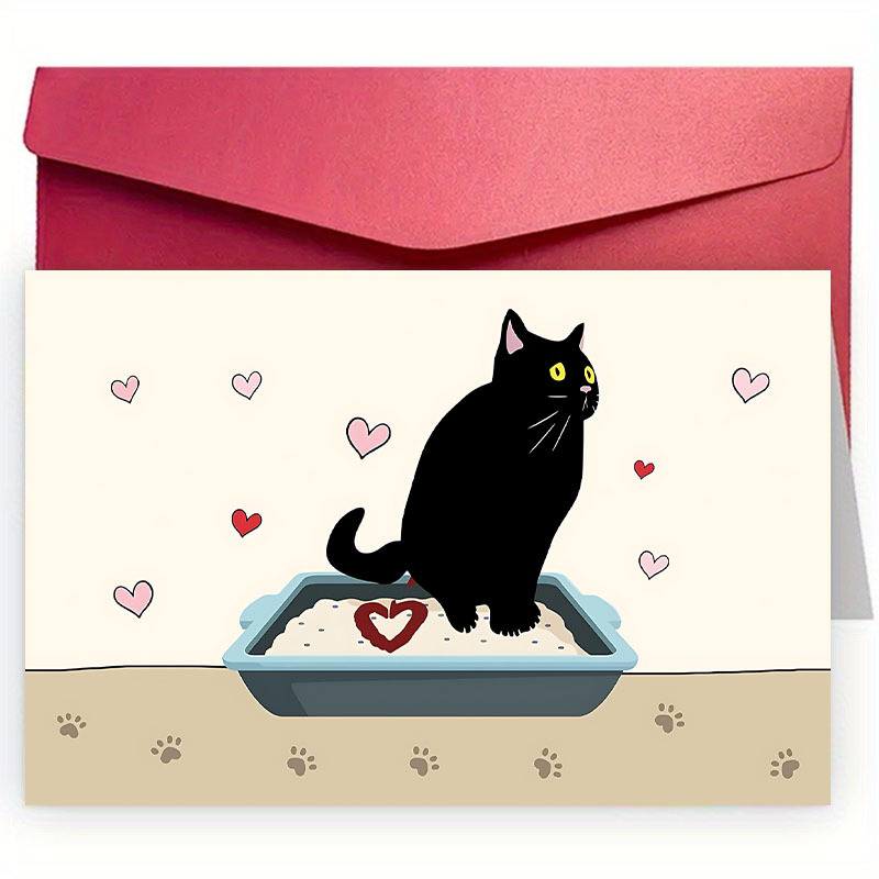 TEMU 1 Valentine's Day Card, Anniversary Card, Birthday Card, High Quality Paper With Envelope, Cute Black Cat Design On Trash Can, Suitable For