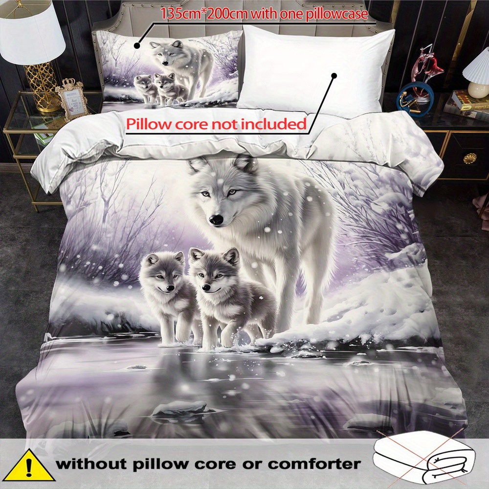 E-shop Bettbezug-Set mit weißem Wolf-Motiv – 2/3-teilig, weich, bequem atmungsaktiv, Bettwäsche mit bedrucktem Fantasie-Tiermuster, Bettbezug-Set mit
