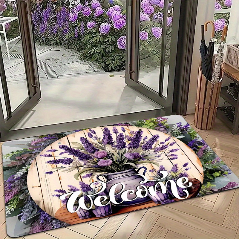 

1pc Doorway Mat, Purple Lavender Welcome Home Pattern Printed Mat, Polyester Non-slip Soft, For Indoor And Outdoor Door Mats, Laundry Room Restroom Foot Mats, Bedroom Bedside Balcony Doorway