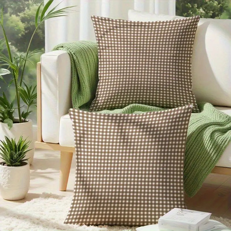 TEMU Lot de 2 housses de coussin à carreaux marron et blanc, impression 2D à plat, fermeture éclair, décoration pour canapé et chambre, décoration