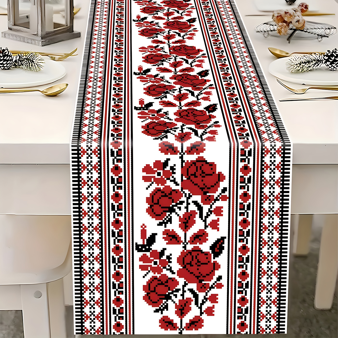 1pc, Eastern European Style Table Runner, Ukrainian Red And White Rose With , Suitable For Home Kitchen Decor, Party Decoration, Cultural Dining Tablecloth, Polyester Material