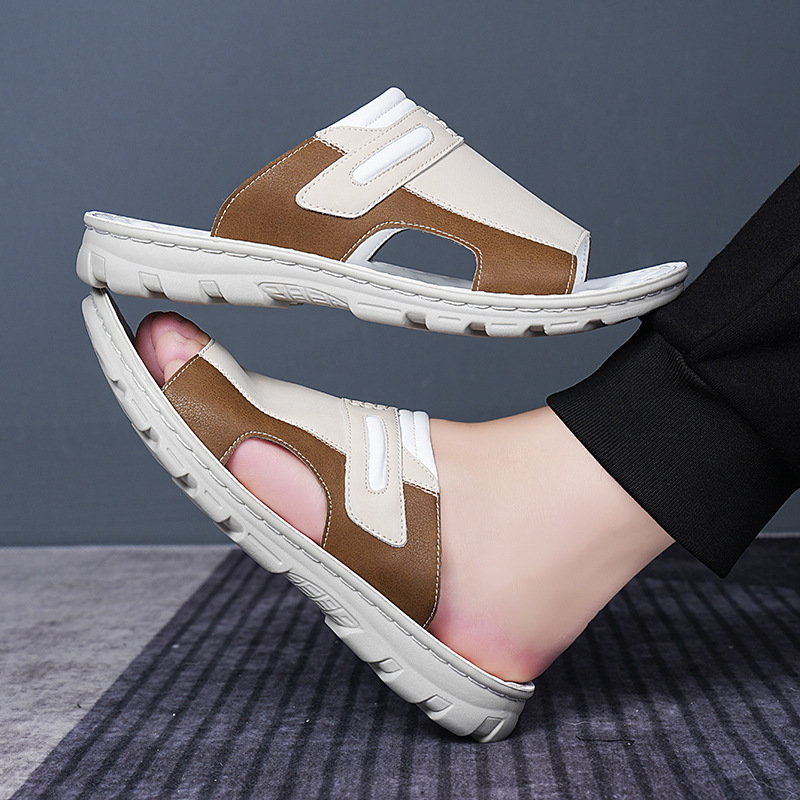 mens summer fashion slides comfortable thick cushioned non   flops casual open toe slippers with zipper detail   in black white and brown summer slippers Product details 9