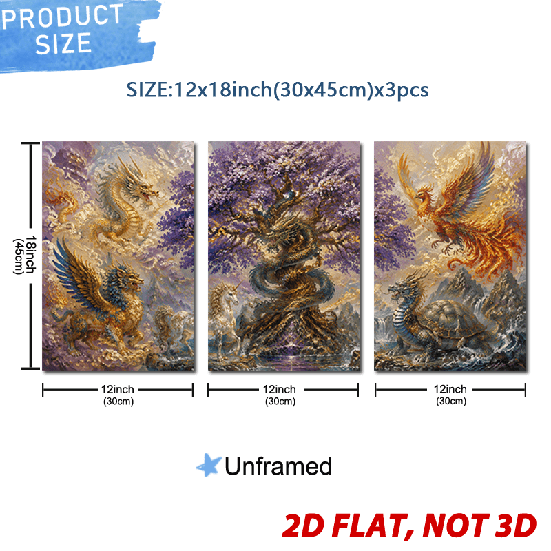 【2d 】2d  2d  3枚セット 30x45cm (12x18インチ) フレームなし キャンバス絵画    ジー風景 妖精や魔法の木、魔法の小川などが描かれています。リビン 、寝室、クリスマス、ハロウィン、新年などのギフトに最適